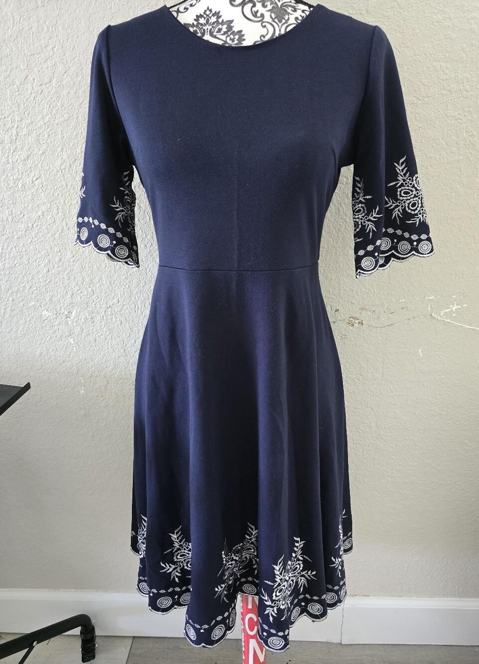 Miusol Navy Blue Midi Dress with White Embroidered Hem